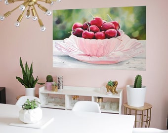 Cherries Painting - Cherries in a Bowl, Cherry Painting, Pink Wall Art, Dining Room Art, Kitchen Art, Fruit Bowl Pink, Fruit Painting