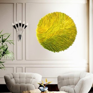 Sea Textures Round Wall Panel - Coral Reef Lime Green & Yellow Clay Wall Art Tile Beach House Wall Decoration White on White