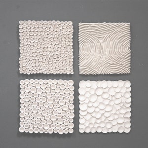 Square Sea Textures Wall Sculptures - Coral Reef White Clay Wall Art Tile Beach House Wall Decoration Set of 4