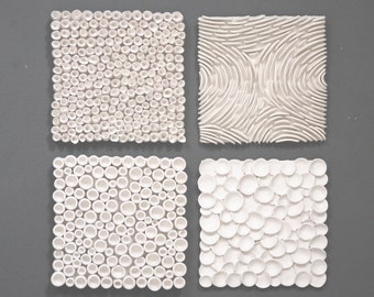 Sea Texture Beach House Decor Wall Art: White Clay Coral Reef Sculptures, 4pc