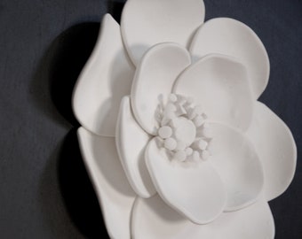 Framed Dimensional Flower Wall Sculpture Designer Decor - Anemone White Clay Flower Modern Minimalist 3D Wall Hanging in Black Frame