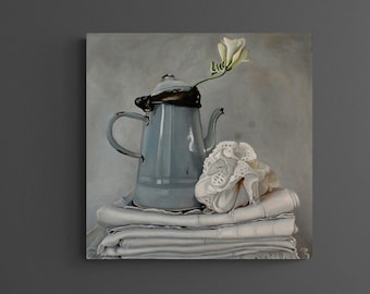 Cottagecore Painting - Blue French Vintage Linen Coffee Pot & Freesia Flower Still Life Painting