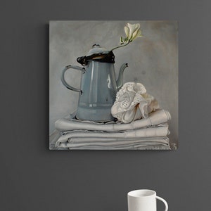 Cottagecore Painting - Blue French Vintage Linen Coffee Pot & Freesia Flower Still Life Painting