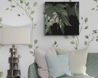 Mulberry Leaves Painting - Modern Green Monochromatic Nature Botanical Acrylic Painting on Canvas