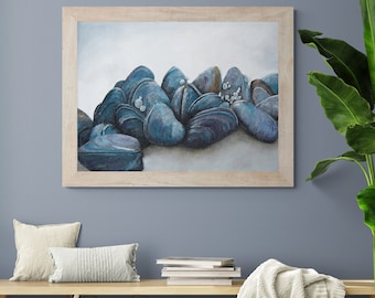 Mussels Seashell Wall Art - Nautical Coastal Ocean Beach House Decor in Gray Blue