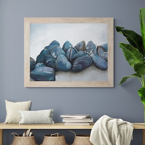 Mussels Seashell Wall Art - Nautical Coastal Ocean Beach House Decor in Gray Blue