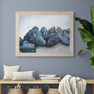 Mussels Seashell Wall Art Nautical Coastal Ocean Beach House Decor in Gray Blue image 1