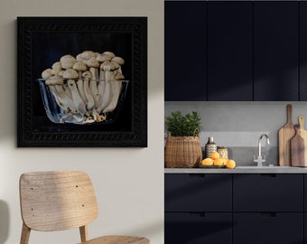 Enoki Mushrooms Still Life Oil Painting in Photo Realistic Style - Ideal for Dining Room or Kitchen Wall Art