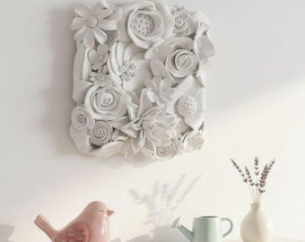 Hand-Sculpted Matte White Clay Floral Wall Plaque: 3D Botanical Art
