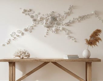 Dimensional Coral Wall Sculpture Art Installation: White Clay Beach Decor - 140 Elements