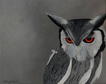 Owl Painting - Bird Painting, Original Oil Painting, White Faced Scopse Owl, Owl Wall Art, Nature Painting, Small Painting on Canvas