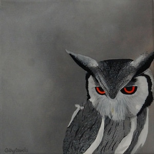 White Faced Scopse Owl Bird Original Oil Painting - Wildlife Nature Wall Art on Canvas