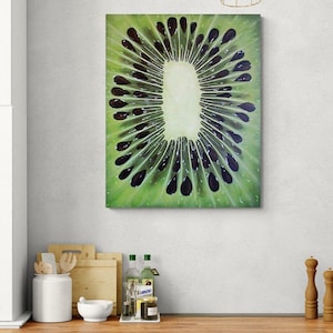 Kiwi Fruit Slice Painting - Large Green Original Acrylic Fruit Wall Art Home Decor