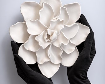 White 3 Dimensional Clay Gardenia Flower Wall Sculpture - Modern Minimalist Floral Ornament