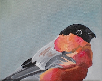 Bullfinch Bird Painting - Original Garden Wildlife Wall Art Acrylic on Canvas