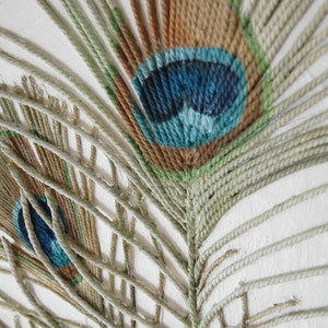 Peacock Feathers Painting Textured String Art Framed Wall Hanging Blue Green Mixed Media Original Modern Art image 2