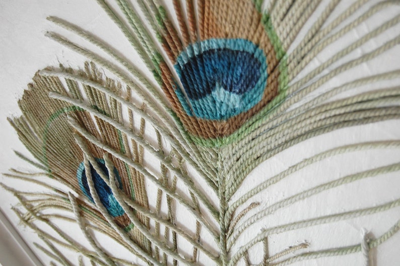 Peacock Feathers Painting Textured String Art Framed Wall Hanging Blue Green Mixed Media Original Modern Art image 2