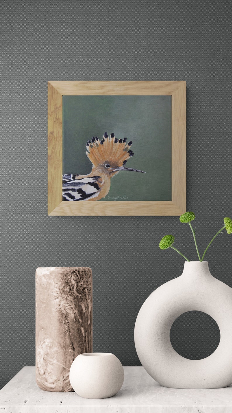 Hoopoe Bird Painting French Garden Wildlife on Green Background Original Acrylic Painting image 8