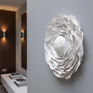 Handmade White Clay Flower Wall Sculpture: Modernist Botanical Art