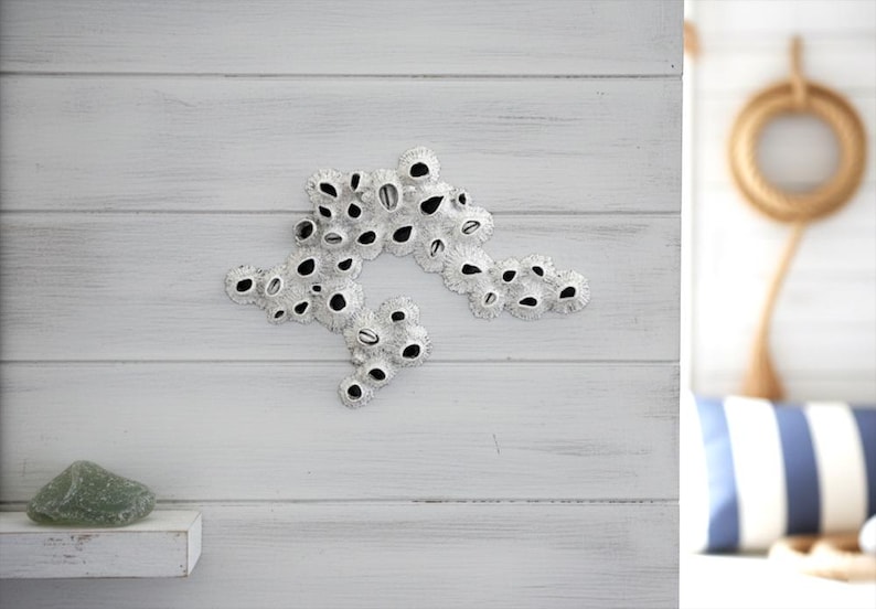 A textured, white, abstract sculpture resembling barnacles is mounted on a light gray wall in a coastal-themed room. The sculpture features numerous irregular, hollow shapes with dark interiors, clustered together in an organic, flowing pattern. The wall behind it appears to be made of horizontal wooden panels, painted white. A small shelf holds a piece of sea glass. The right side of the image is blurred but shows hints of other coastal decor, including a striped cushion and a coiled rope.