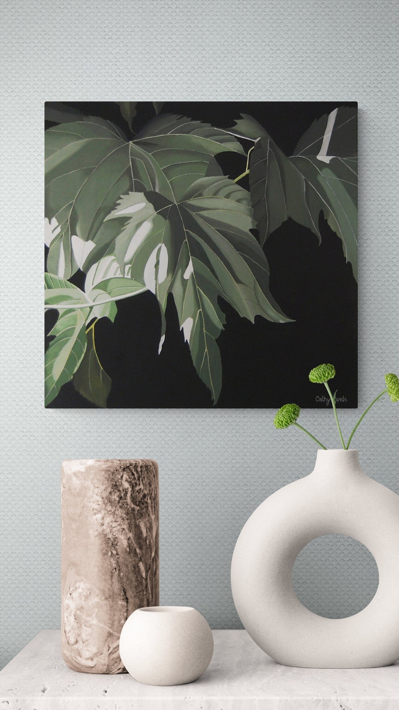 Mulberry Leaves Painting Modern Green Monochromatic Nature Botanical Acrylic Painting on Canvas image 3