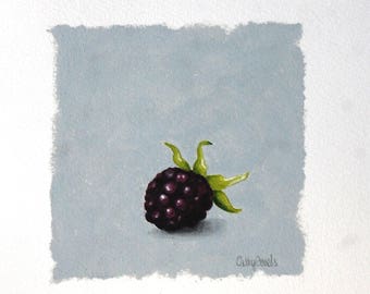 Blackberry Oil Painting - Fruit on Gray Background Miniature Original Oil Painting on Paper