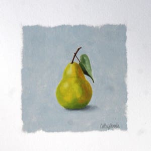 Dipinto ad olio di pera verde - Frutta su sfondo grigio Piccolo dipinto ad olio originale su carta