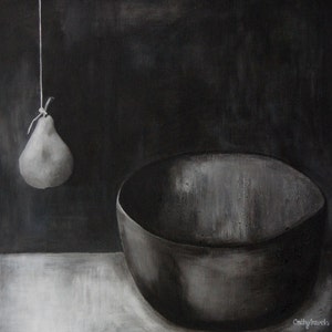 Surreal Pear Still Life Painting in Black & White Minimal Surrealism Unusual Statement Art for Living or Dining Room image 1