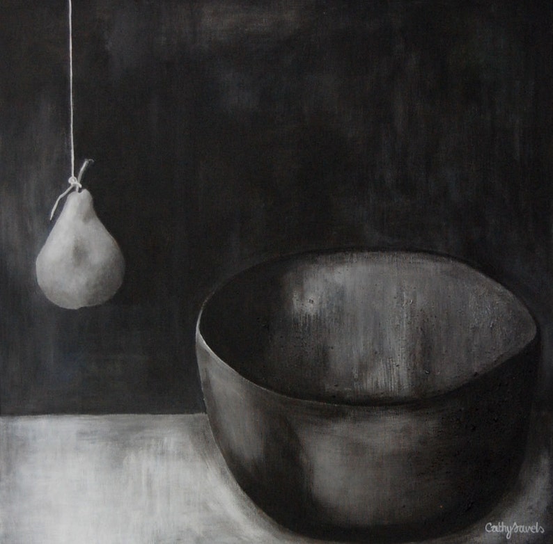 Surreal Pear Still Life Painting in Black & White Minimal Surrealism Unusual Statement Art for Living or Dining Room image 1