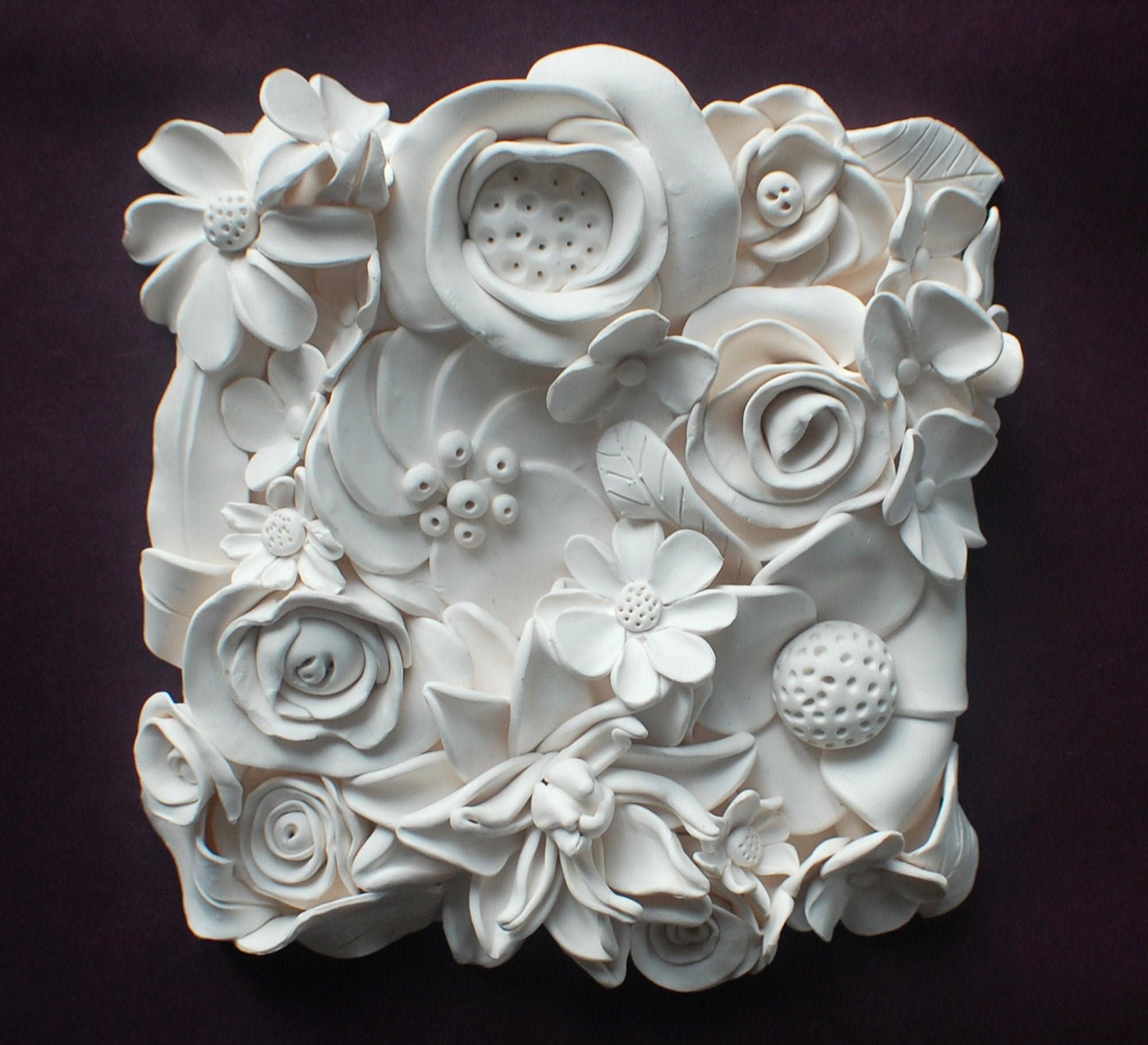 Flowers Wall Sculpture White Clay Floral Clay Tile Modern