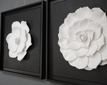 Framed Clay Flower Wall Sculpture Limited Edition Art - Camellia & Magnolia White Modern Organic Minimalist 3D Floral Wall Art
