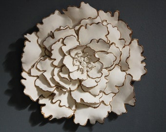 Peony Flower with Gold Wall Sculpture - Off-White Clay Flower Modern Minimalist 3D Wall Hanging 3D Wall Art