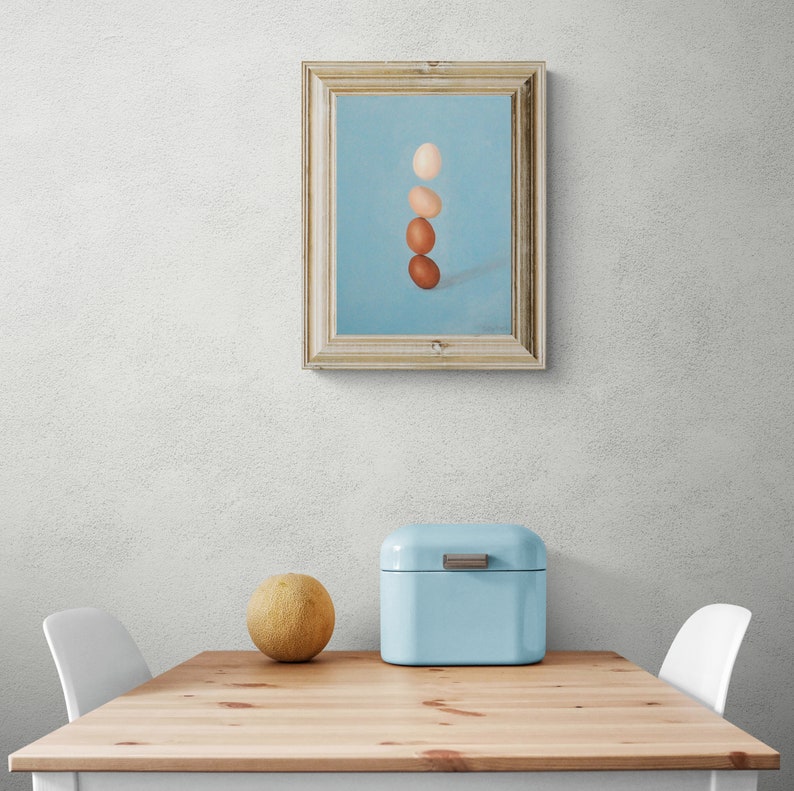 Still Life Painting Stacking Eggs Kitchen Art Surreal Quirky Artwork Acrylic Original Botanical Wall Art image 3