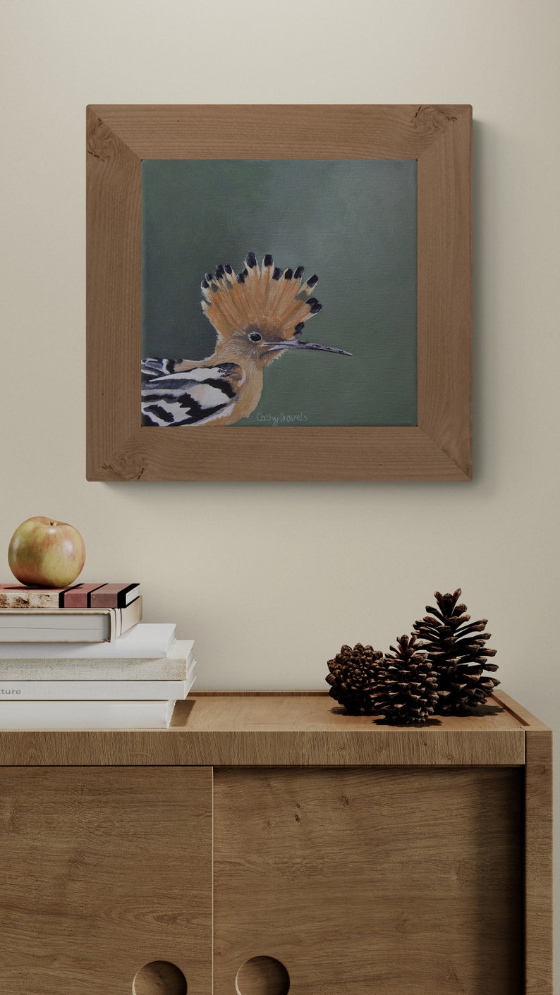 Hoopoe Bird Painting French Garden Wildlife on Green Background Original Acrylic Painting image 2