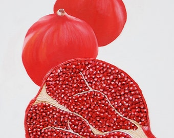 Pomegranate Food Kitchen Painting Textured Wall Art in Red & White