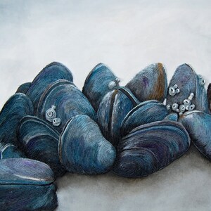 Mussels Seashell Wall Art Nautical Coastal Ocean Beach House Decor in Gray Blue image 2