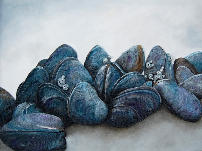 Mussels Seashell Wall Art Nautical Coastal Ocean Beach House Decor in Gray Blue image 2