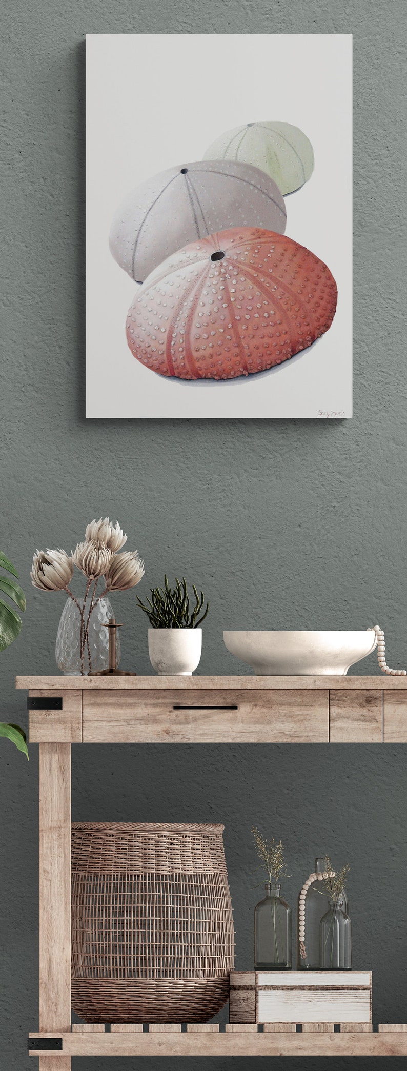 Bathroom Sea Urchin Wall Art Decor in Pink Coastal Art Seashells in Pastel Colors Dimensional Textured Art image 2