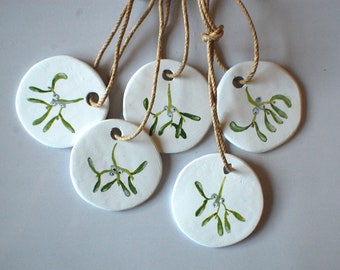 Christmas Ornaments or Gift Tags Hand-Painted Clay Mistletoe Tree Decoration Set of 5