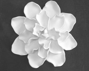 White 3 Dimensional Clay Gardenia Flower Wall Sculpture - Modern Minimalist Floral Ornament
