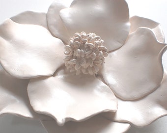 Dimensional Magnolia Flower Clay Wall Art Sculpture in Cream or White