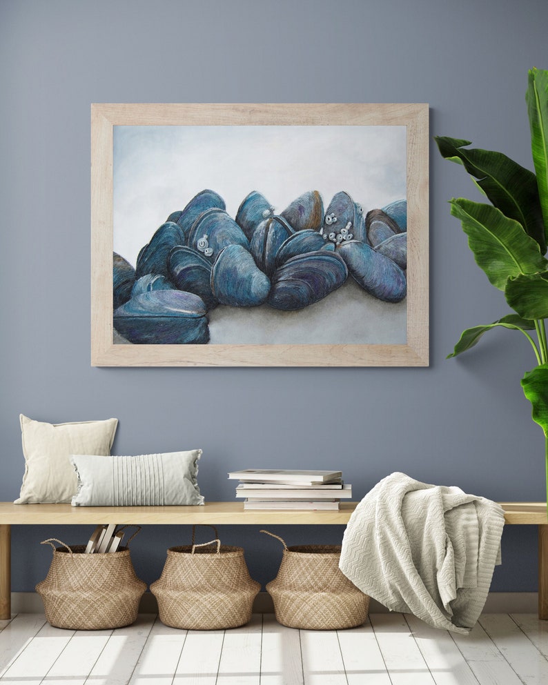 Mussels Seashell Wall Art Nautical Coastal Ocean Beach House Decor in Gray Blue image 1