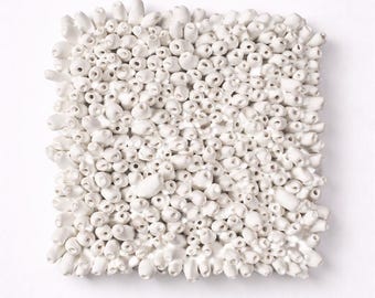 Square Finger Coral Textured Wall Sculpture - White Clay Art Tile Beach House Wall Decor