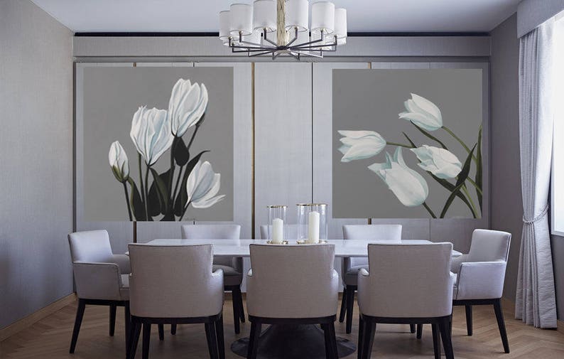 Flower Wall Art Lisianthus Flower Painting White Gray Large Botanical Acrylic Modern Flower Art Classical Floral Dining Room Wall Decor image 2
