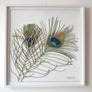 Peacock Feathers Painting Textured String Art Framed Wall Hanging Blue Green Mixed Media Original Modern Art image 1