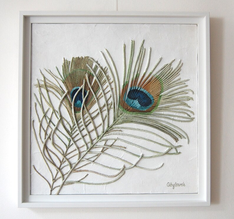 Peacock Feathers Painting Textured String Art Framed Wall Hanging Blue Green Mixed Media Original Modern Art image 1