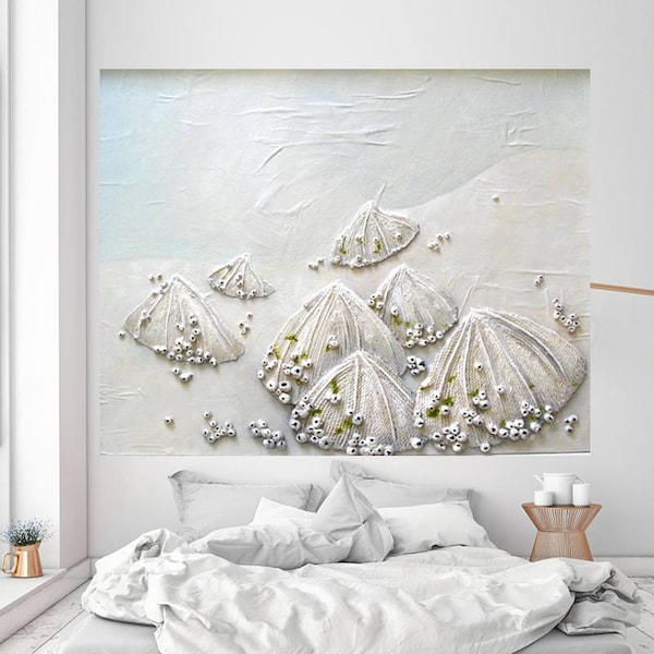 3D Wall Art - Seashell Painting Nautical Ocean Sea Beach Limpets String Art Textured Abstract Wall Art Home Decor Large Coastal Art