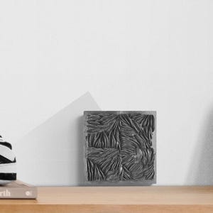 May include: A black and white patterned decorative object on a wooden shelf with a book and a vase with a plant. The book has the text "down to earth" on the cover.