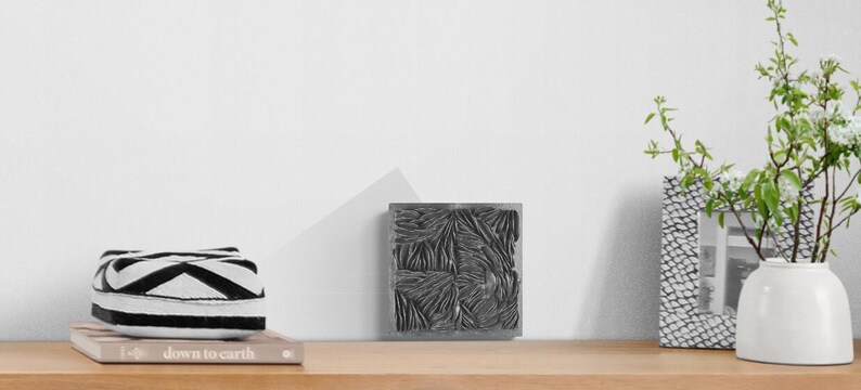 May include: A black and white patterned decorative object on a wooden shelf with a book and a vase with a plant. The book has the text "down to earth" on the cover.