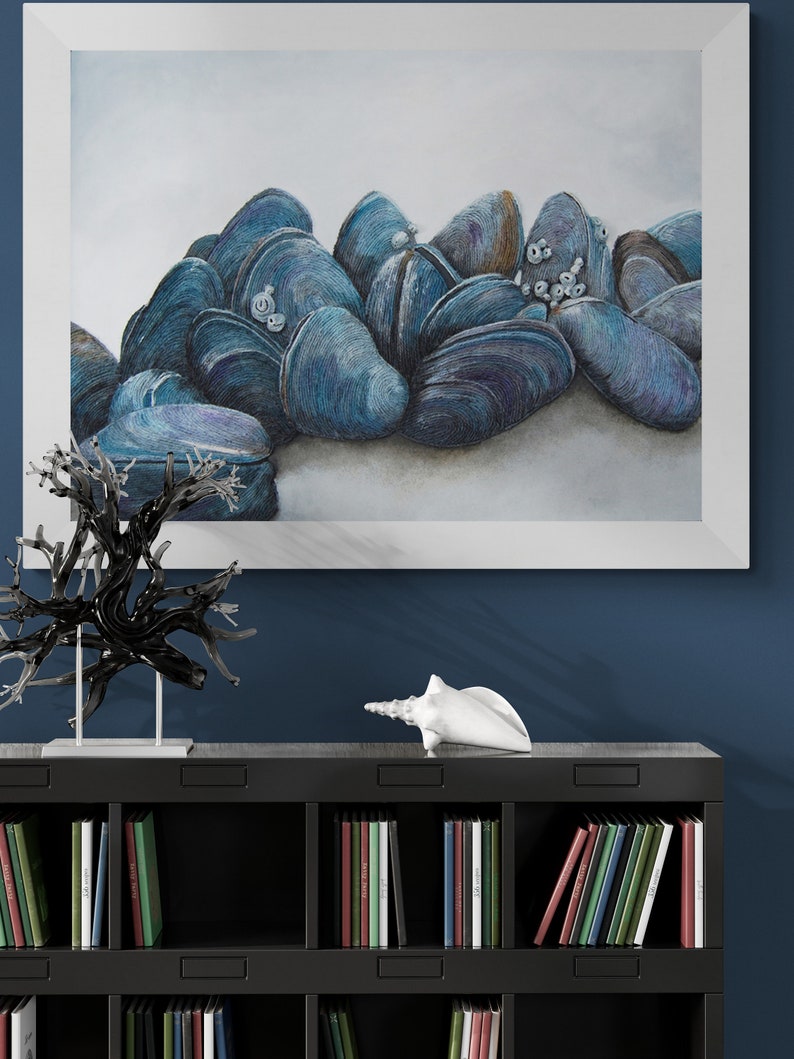 Mussels Seashell Wall Art Nautical Coastal Ocean Beach House Decor in Gray Blue image 7